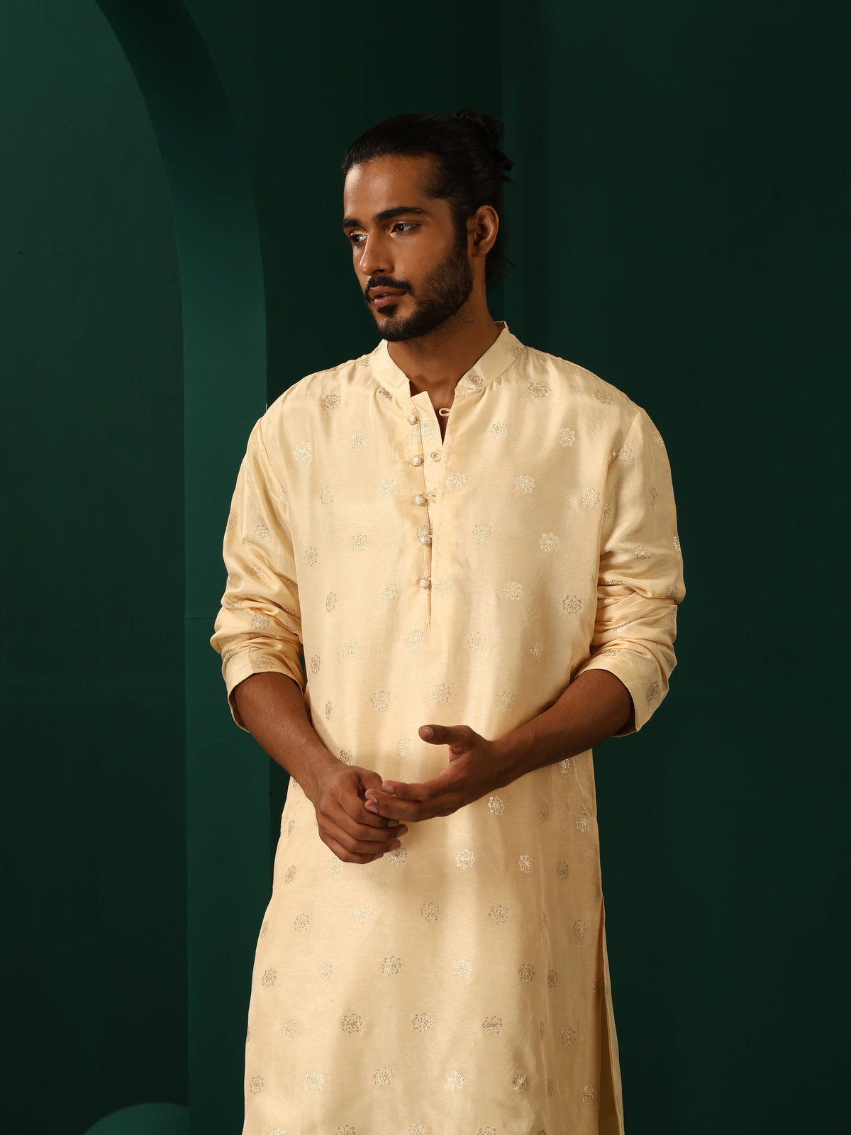 trueBrowns Men's Ivory Geometric Floral Viscose Silk Long Kurta | Grocsy