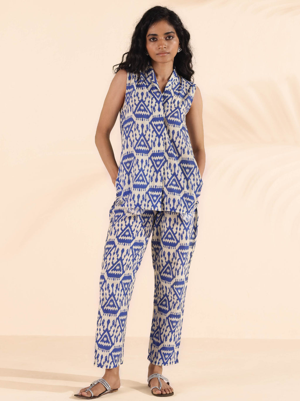 trueBrowns Blue Cotton Ikat Sleeveless Co-ord Set | Grocsy