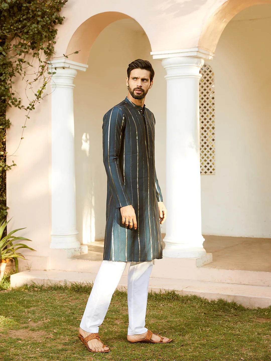 Fabmade Embroidered Regular Sequinned Chanderi Silk Kurta With Pyjamas | Grocsy