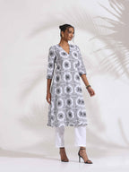 trueBrowns White Cotton Geometric Print Angrakha Kurta Set | Grocsy