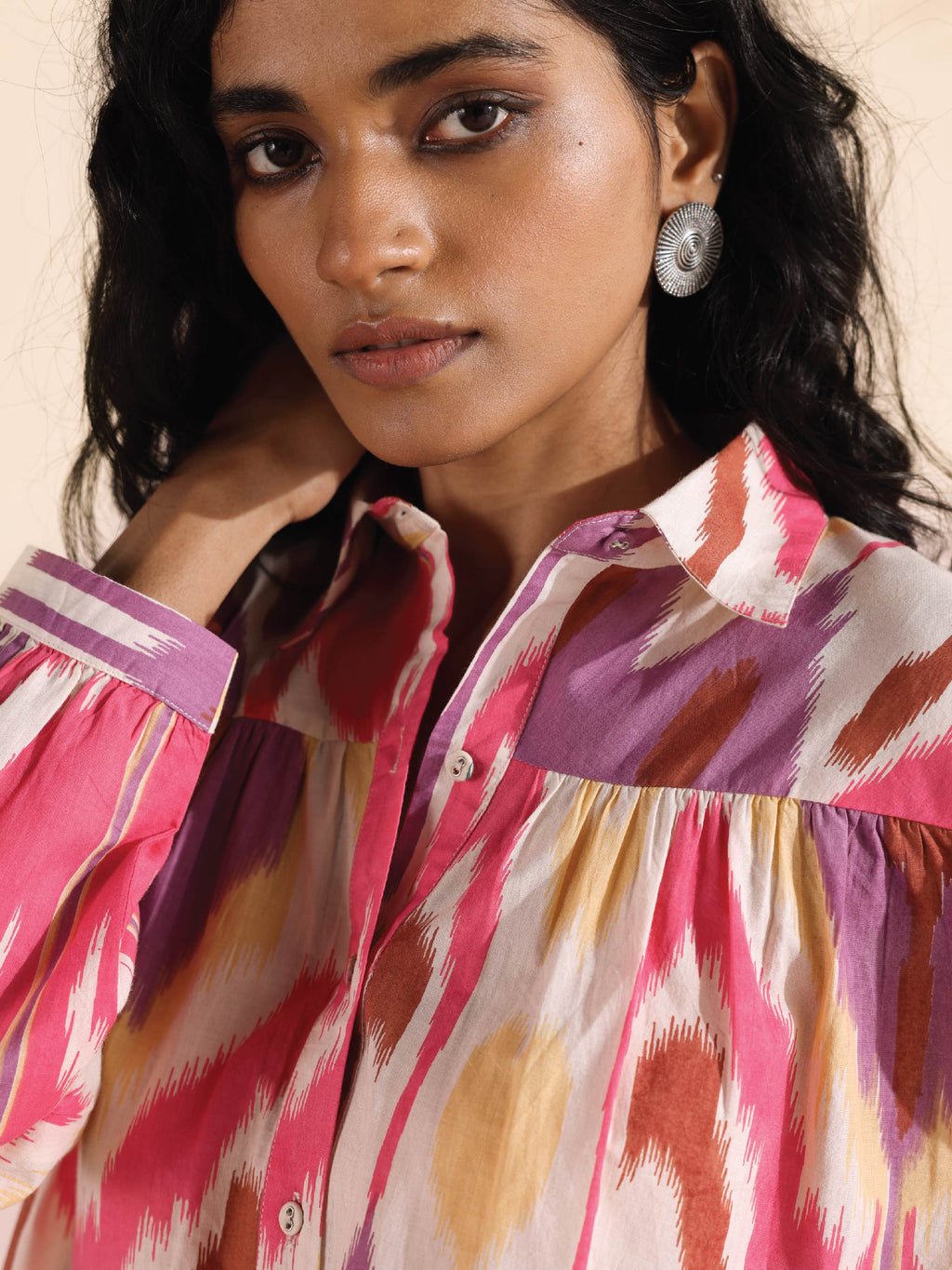 trueBrowns Pink Cotton Ikat Shirt Co-ord Set | Grocsy