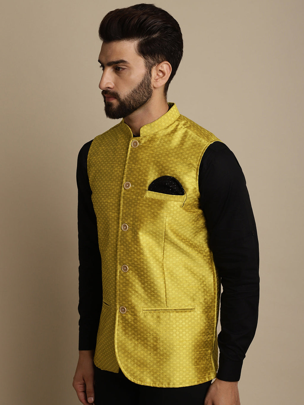 Even Apparels Men's Yellow Mandarin Collar Waistcoat | Grocsy