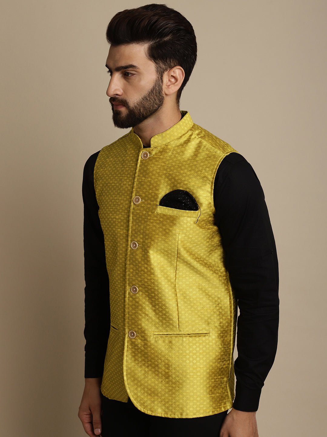 Even Apparels Men's Yellow Mandarin Collar Waistcoat | Grocsy