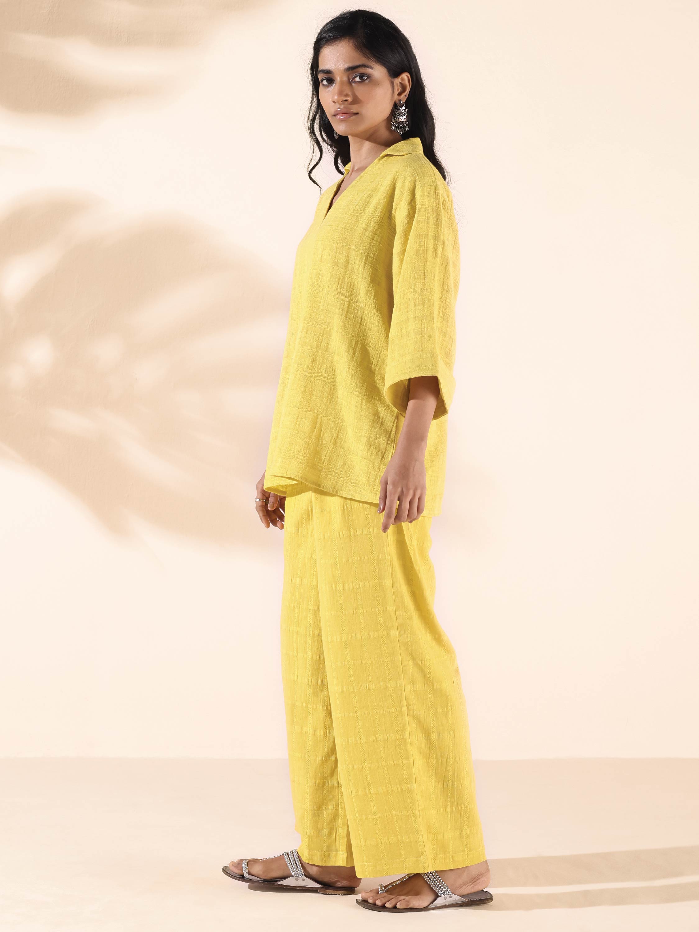 trueBrowns Lime Cotton Dobby V-Neck Co-ord Set | Grocsy