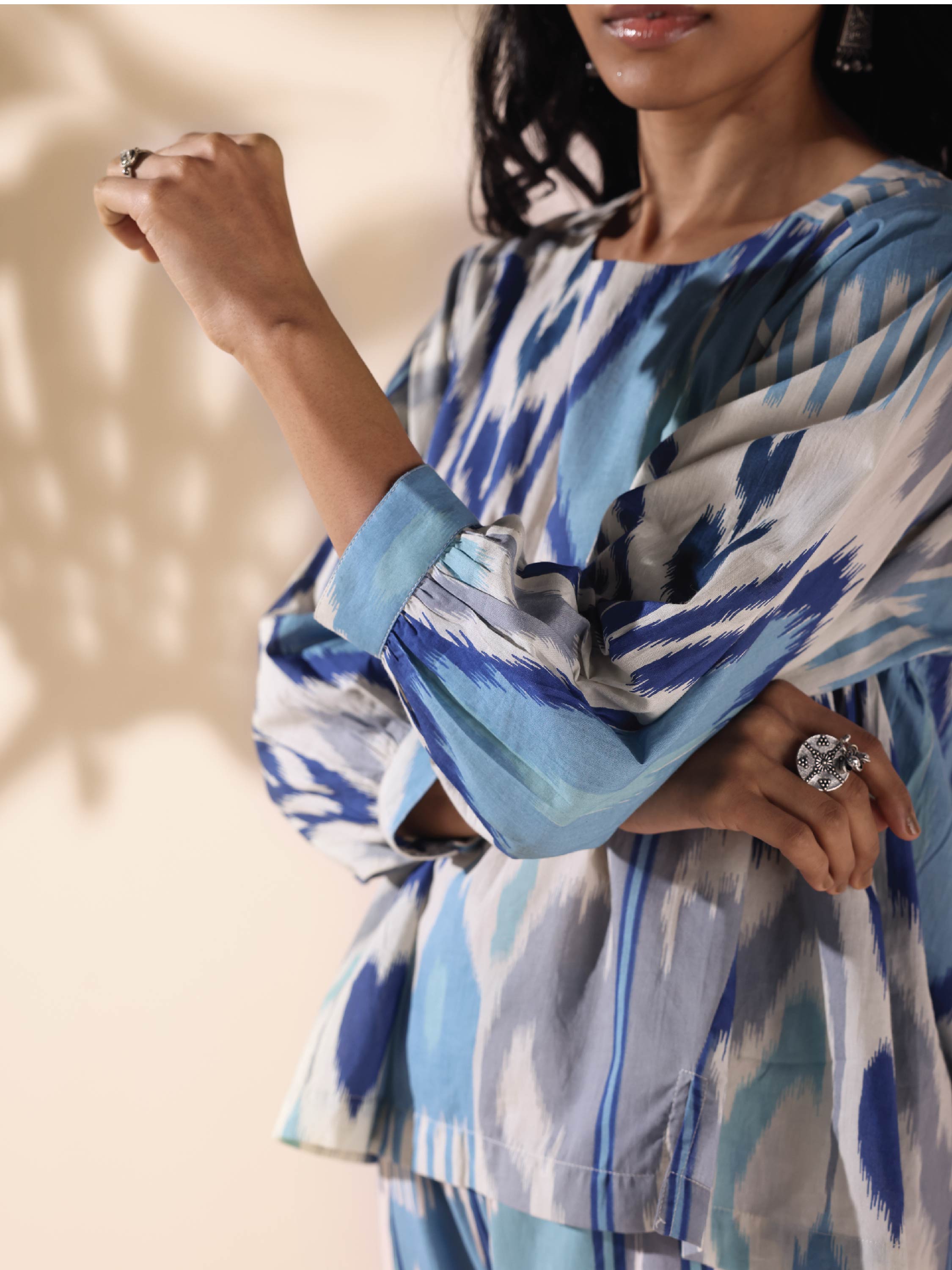 trueBrowns Blue Cotton Ikat Short Co-ord Set | Grocsy