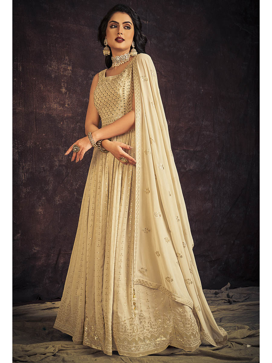 Myra Cream Real Georgette Designer Gown Style Suit | Grocsy
