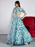 House of Panchhi Turquoise Blue Net Sequins, Mirror And Thread Embroidery Lehenga Choli & Dupatta | Grocsy