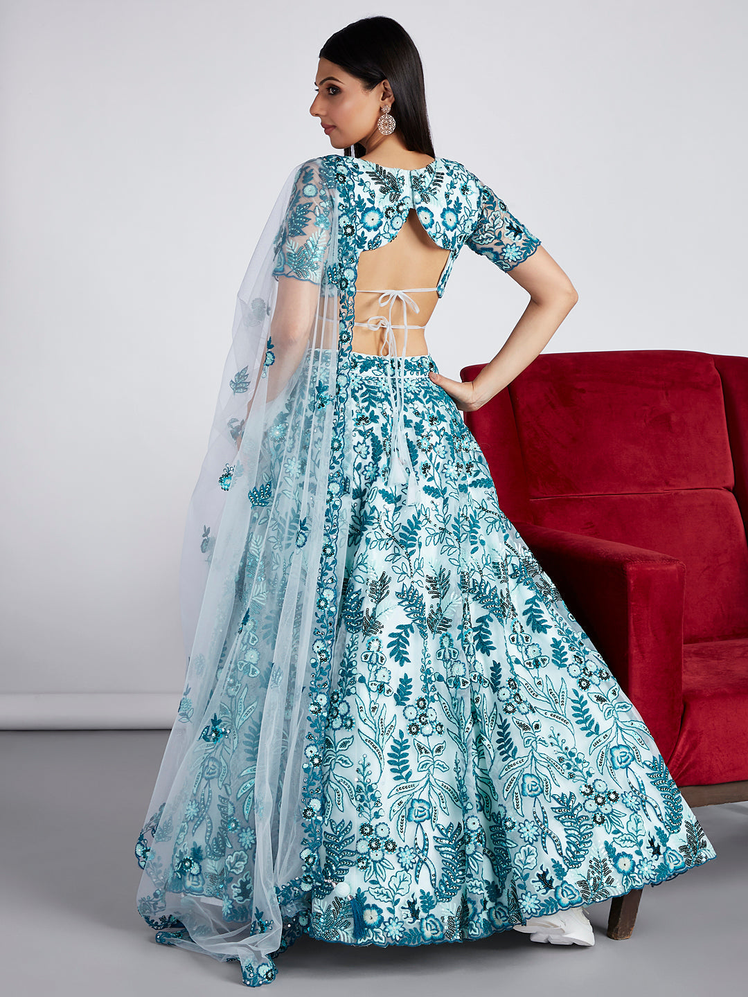 House of Panchhi Turquoise Blue Net Sequins, Mirror And Thread Embroidery Lehenga Choli & Dupatta | Grocsy