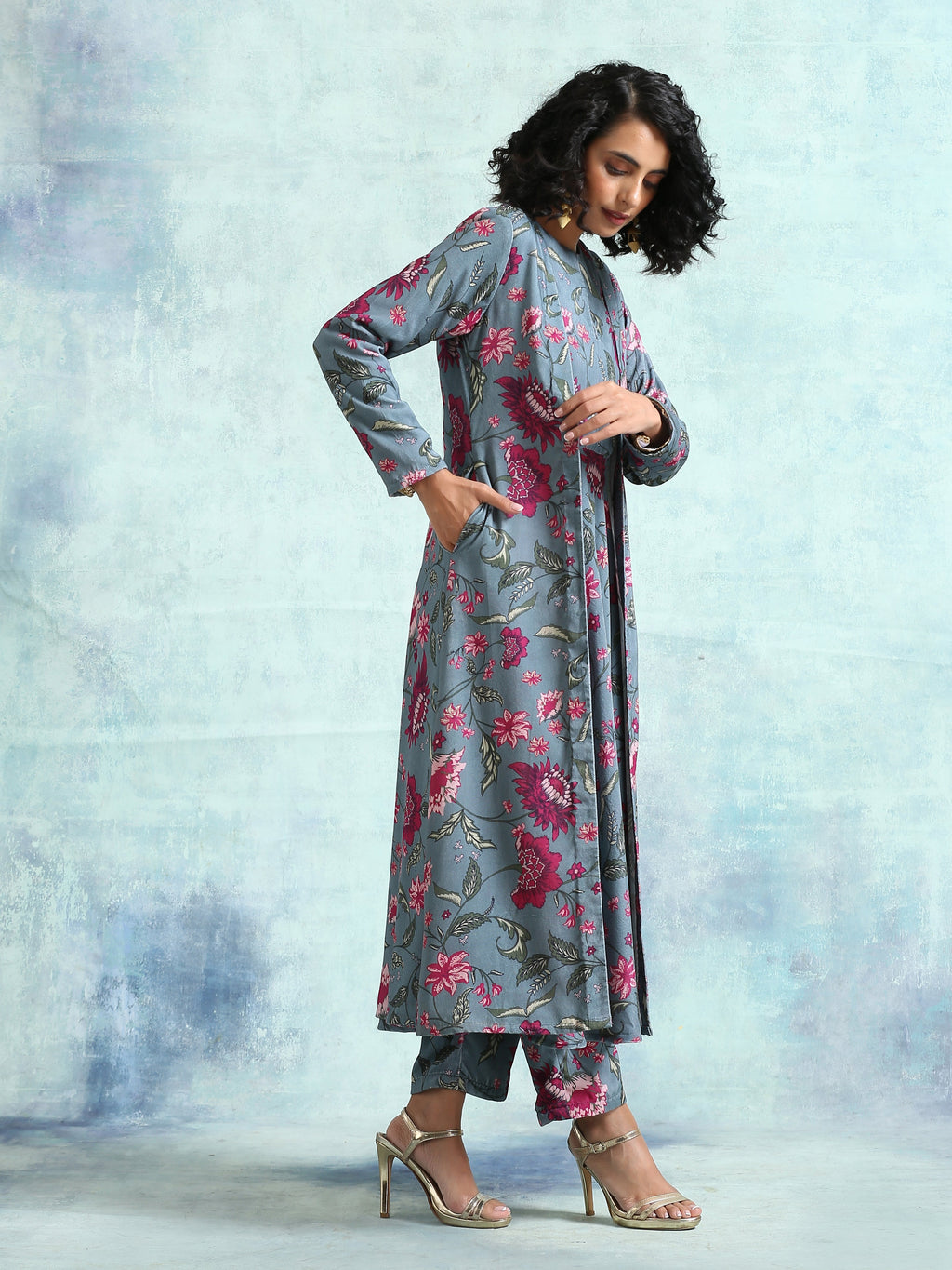 trueBrowns Grey Printed Velvet Overlay Jacket | Grocsy