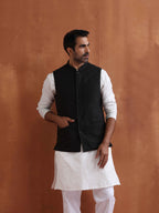trueBrowns Men's Black Textured Cotton Dobby Nehru Jacket | Grocsy