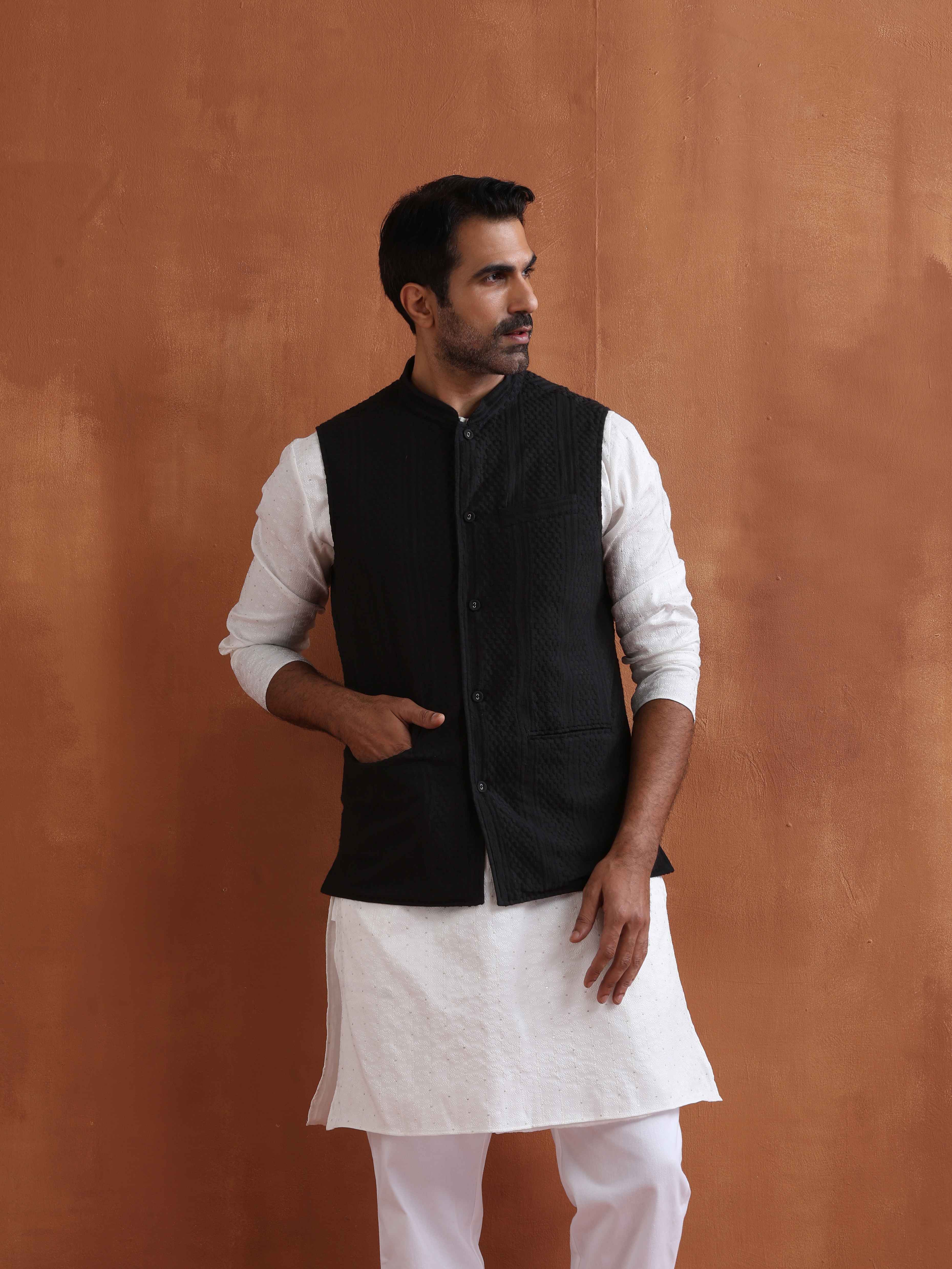 trueBrowns Men's Black Textured Cotton Dobby Nehru Jacket | Grocsy