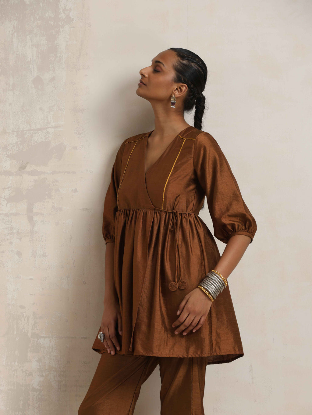 trueBrowns Brown Silk Angrakha Co-ord Set | Grocsy