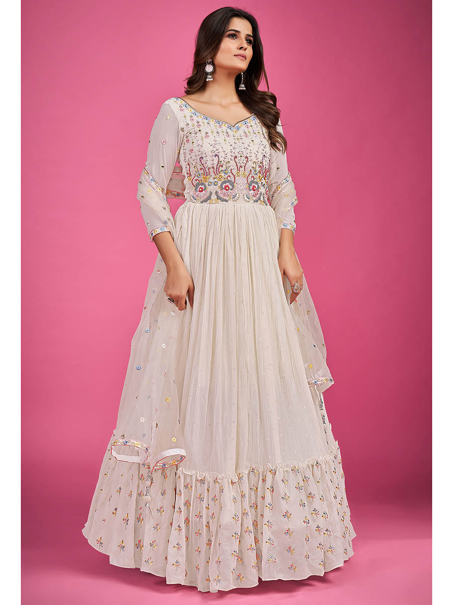 Myra White Pure Georgette Embroidered Gown | Grocsy