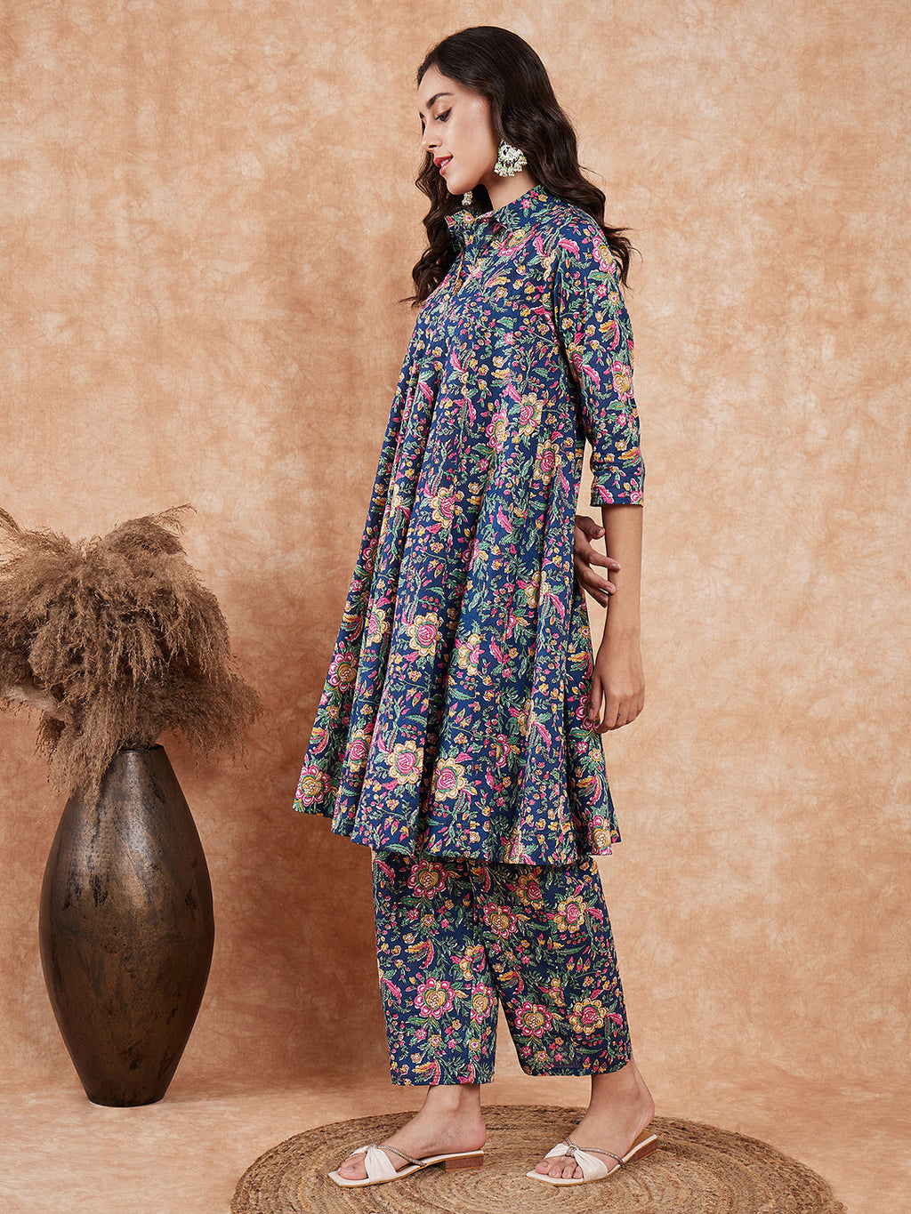 InWeave Women's Blue Green Pink Floral Print Flared Kurta Pant Set | Grocsy