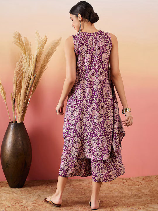 InWeave Dusty Mauve Paisley Round Neck Kurta Short Palazzo Set | Grocsy