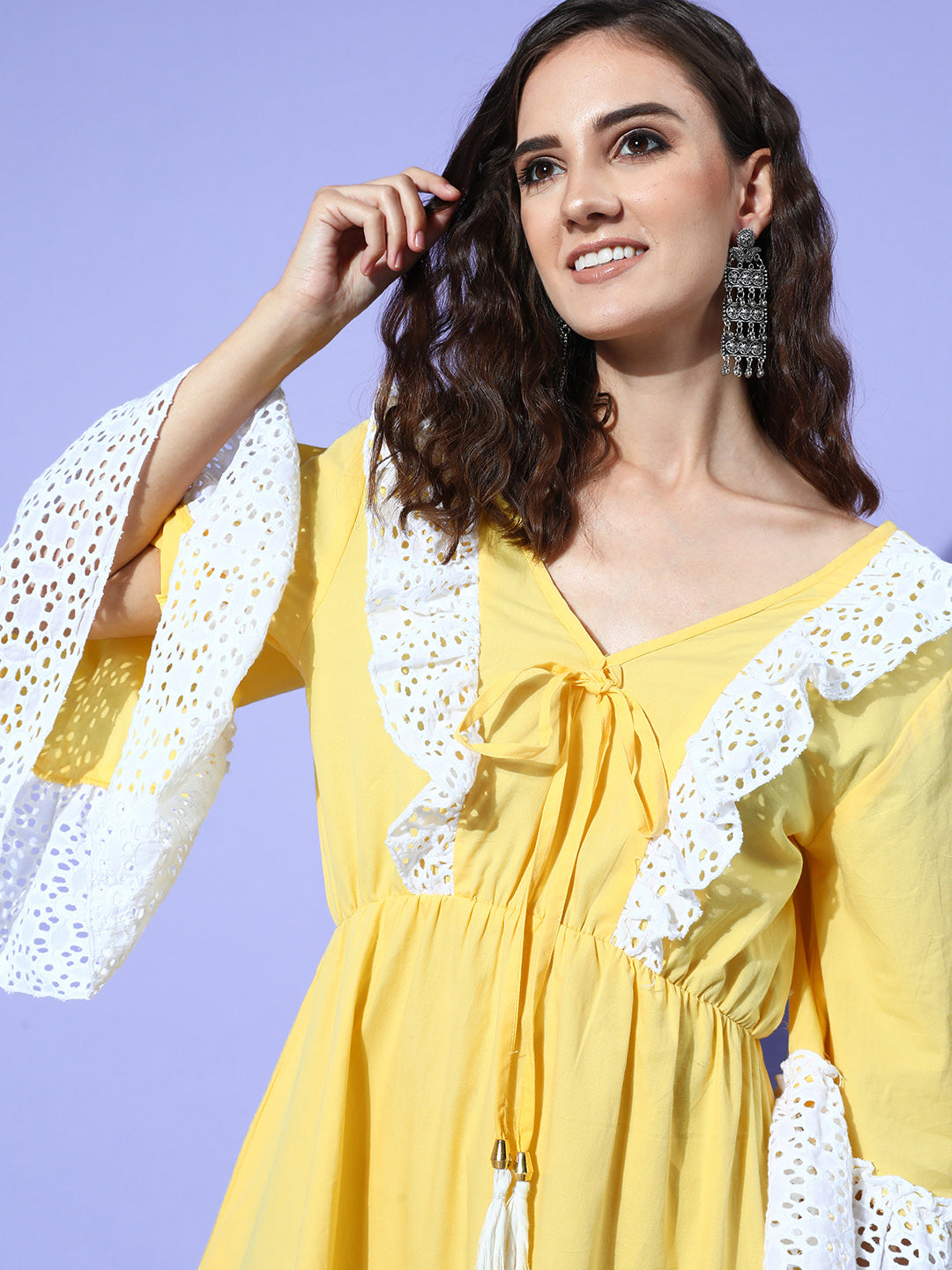 InWeave Women's Yellow Lacy Short Dress | Grocsy