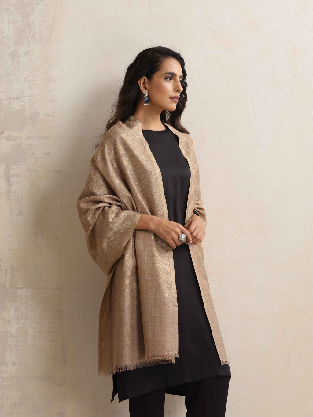 trueBrowns Brown Floral Jaal Woollen Stole | Grocsy