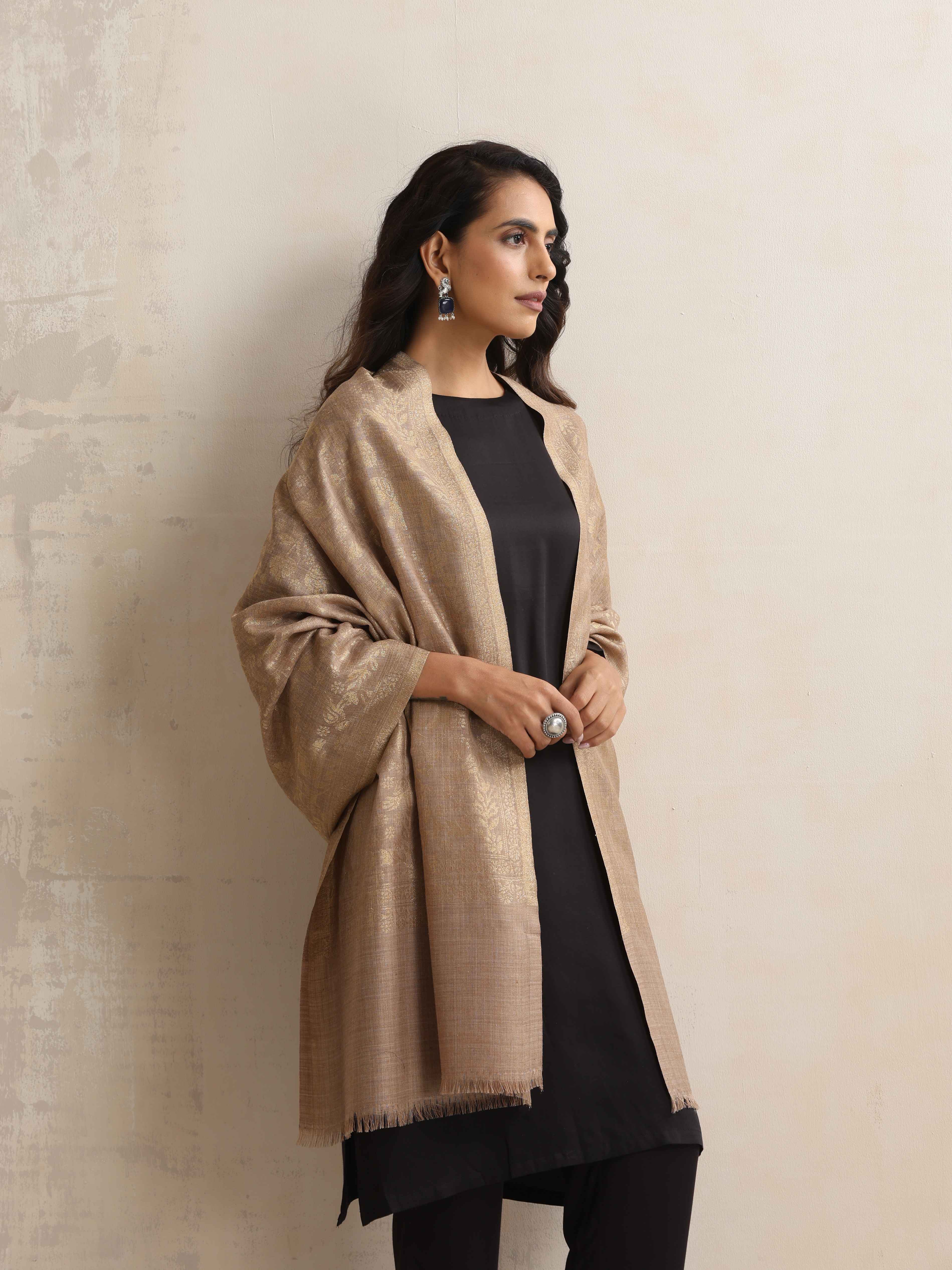 trueBrowns Brown Floral Jaal Woollen Stole | Grocsy