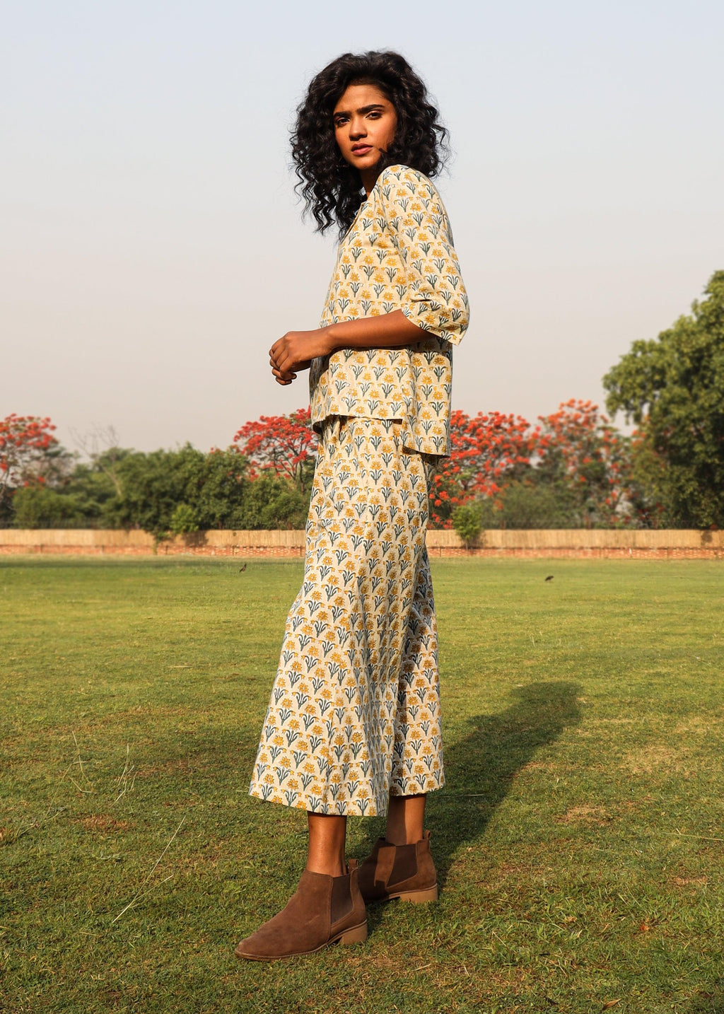 trueBrowns Light Sage Cotton Block Print Lapel Shirt Co-Ord Set | Grocsy