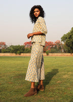 trueBrowns Light Sage Cotton Block Print Lapel Shirt Co-Ord Set | Grocsy