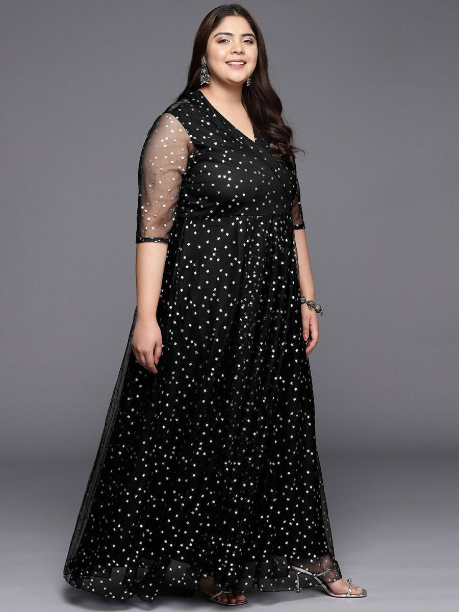 Ahalyaa Plus Size Printed Net V-neck Maxi Ethnic Dress | Grocsy