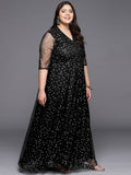 Ahalyaa Plus Size Printed Net V-neck Maxi Ethnic Dress | Grocsy