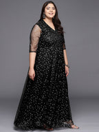 Ahalyaa Plus Size Printed Net V-neck Maxi Ethnic Dress | Grocsy