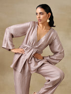 trueBrowns Grey Textured Silk Deep V-Neck Co-Ord Set | Grocsy