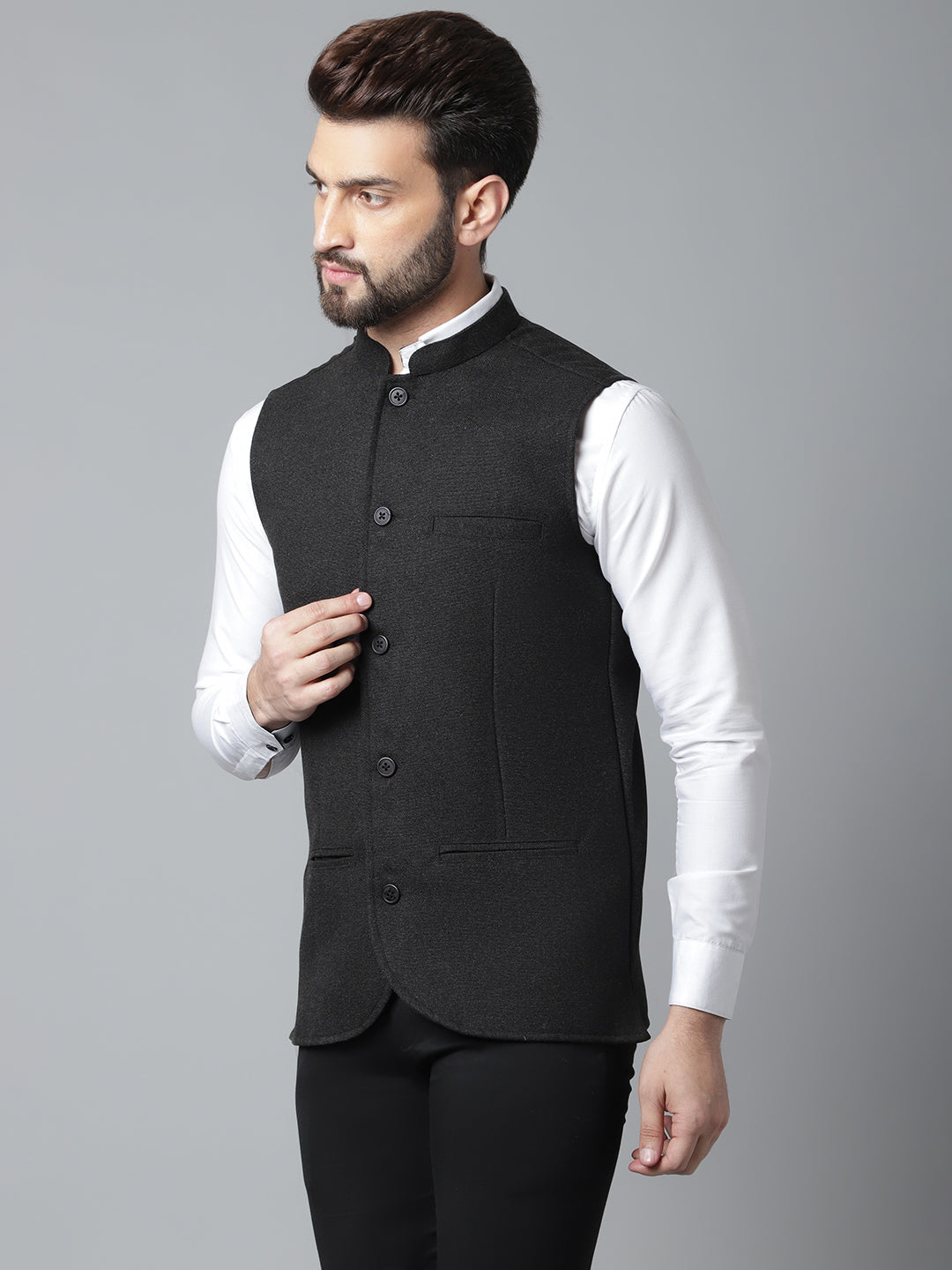 Even Apparels Men's Black Pure Wool Nehru Jacket | Grocsy