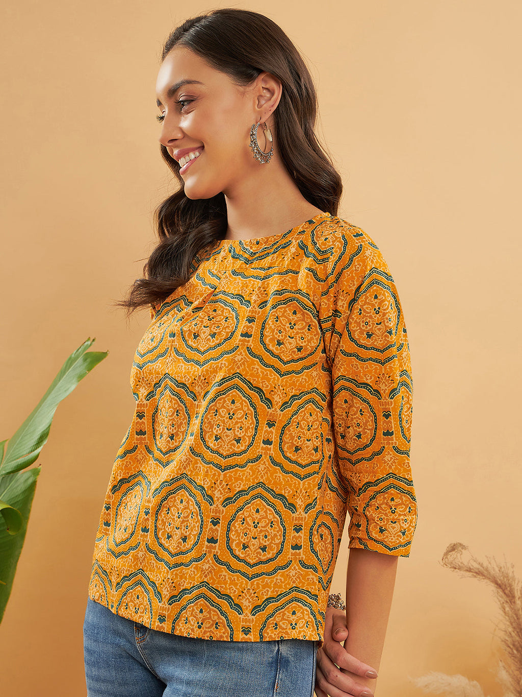 InWeave Women's Haldi Yellow Mughal Kalamkari Top | Grocsy