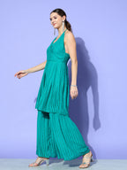 InWeave Women's Teal Lace Work Backless Kurta Sharara Set | Grocsy