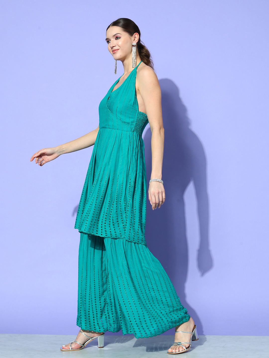 InWeave Women's Teal Lace Work Backless Kurta Sharara Set | Grocsy