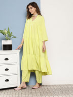 InWeave Women's Lime Green Tiered Anarkali Kurta Set | Grocsy