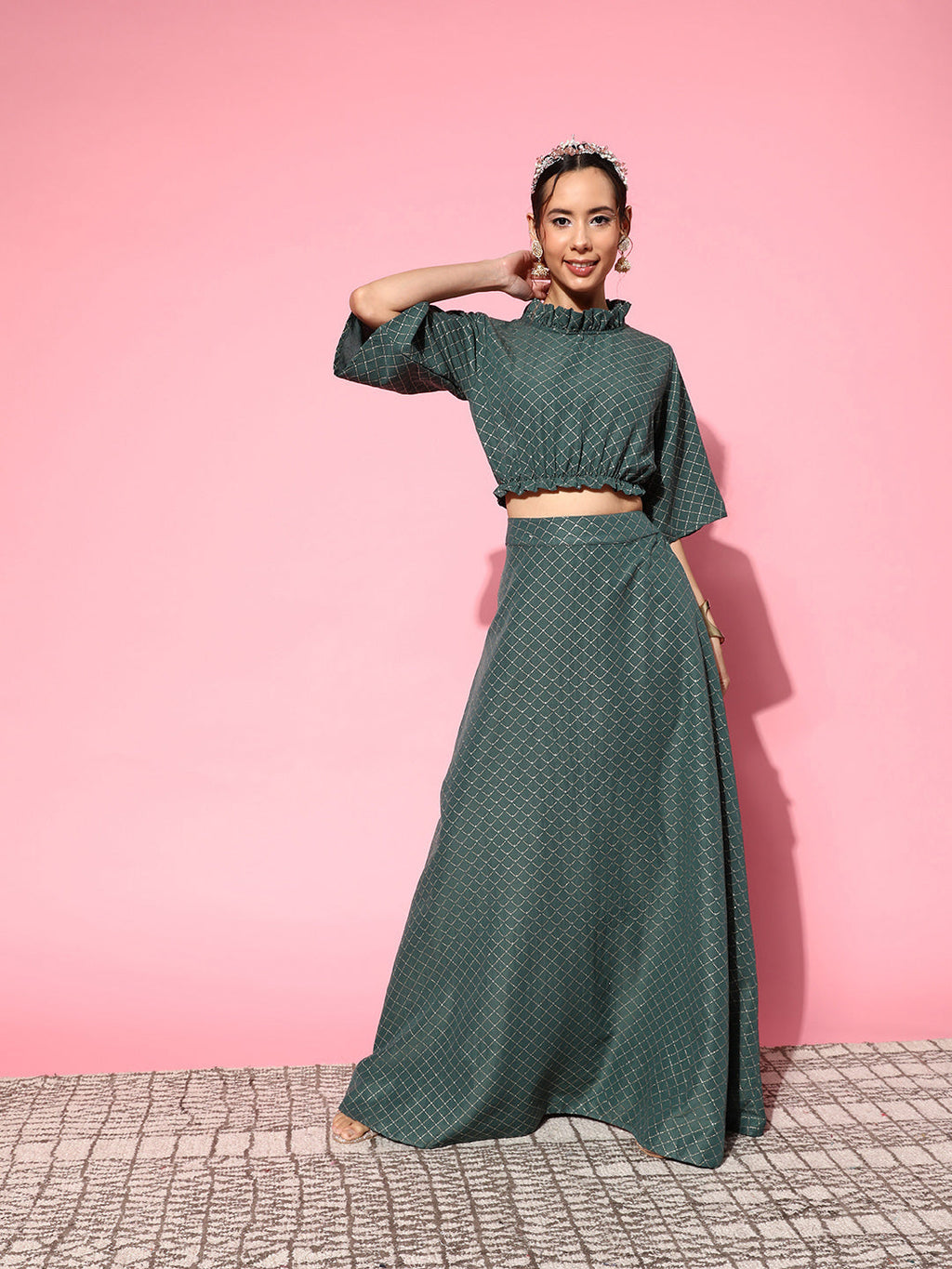 InWeave Women's Hunter Green Gold Crop Top With Side Slit Skirt | Grocsy