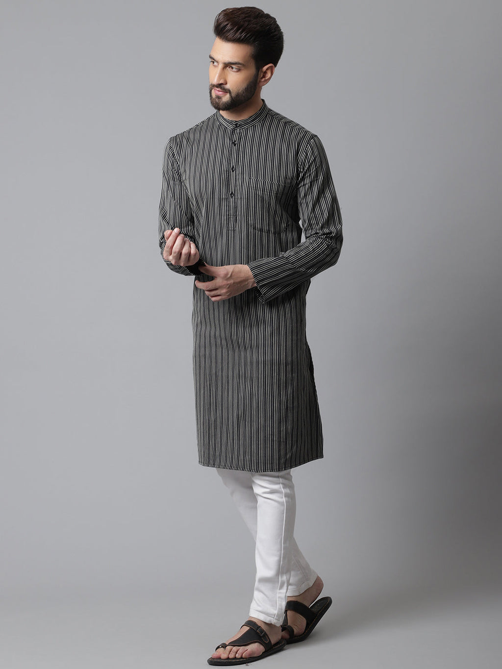 Even Apparels Black Pure Cotton Kurta With Band Collar | Grocsy