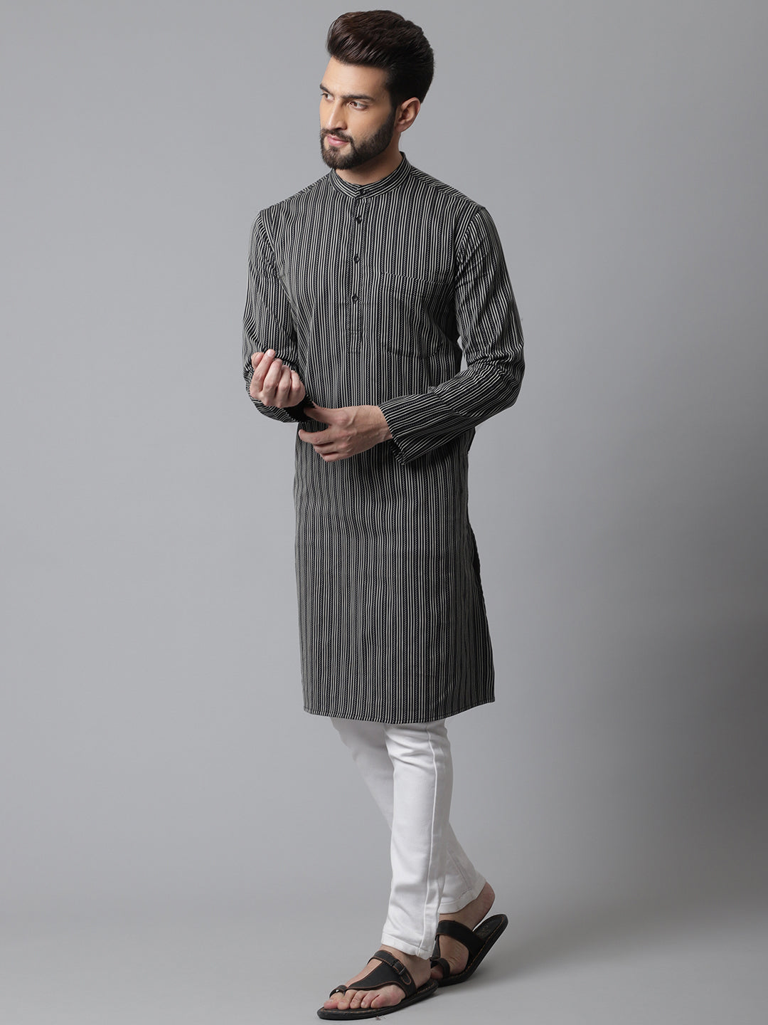 Even Apparels Black Pure Cotton Kurta With Band Collar | Grocsy