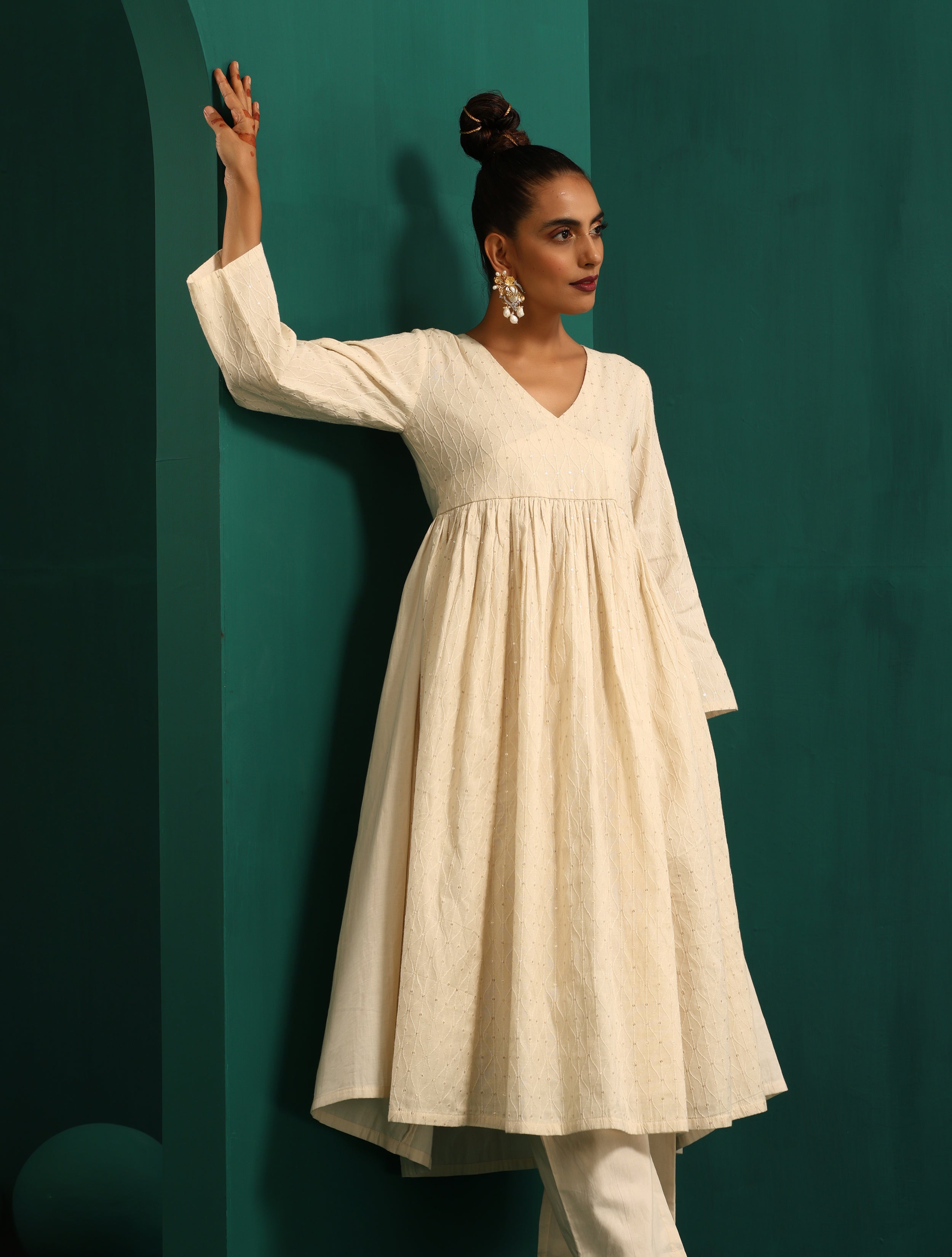 trueBrowns Ivory Tonal Cotton Anarkali Kurta Pant Set | Grocsy