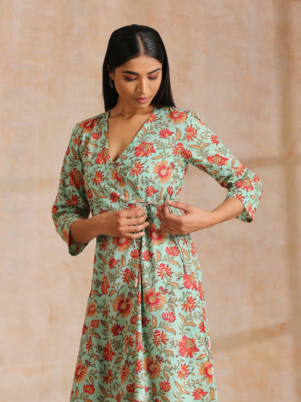 trueBrowns Seafoam Green Overall Floral Block Print Cotton Angrakha Pant Set | Grocsy