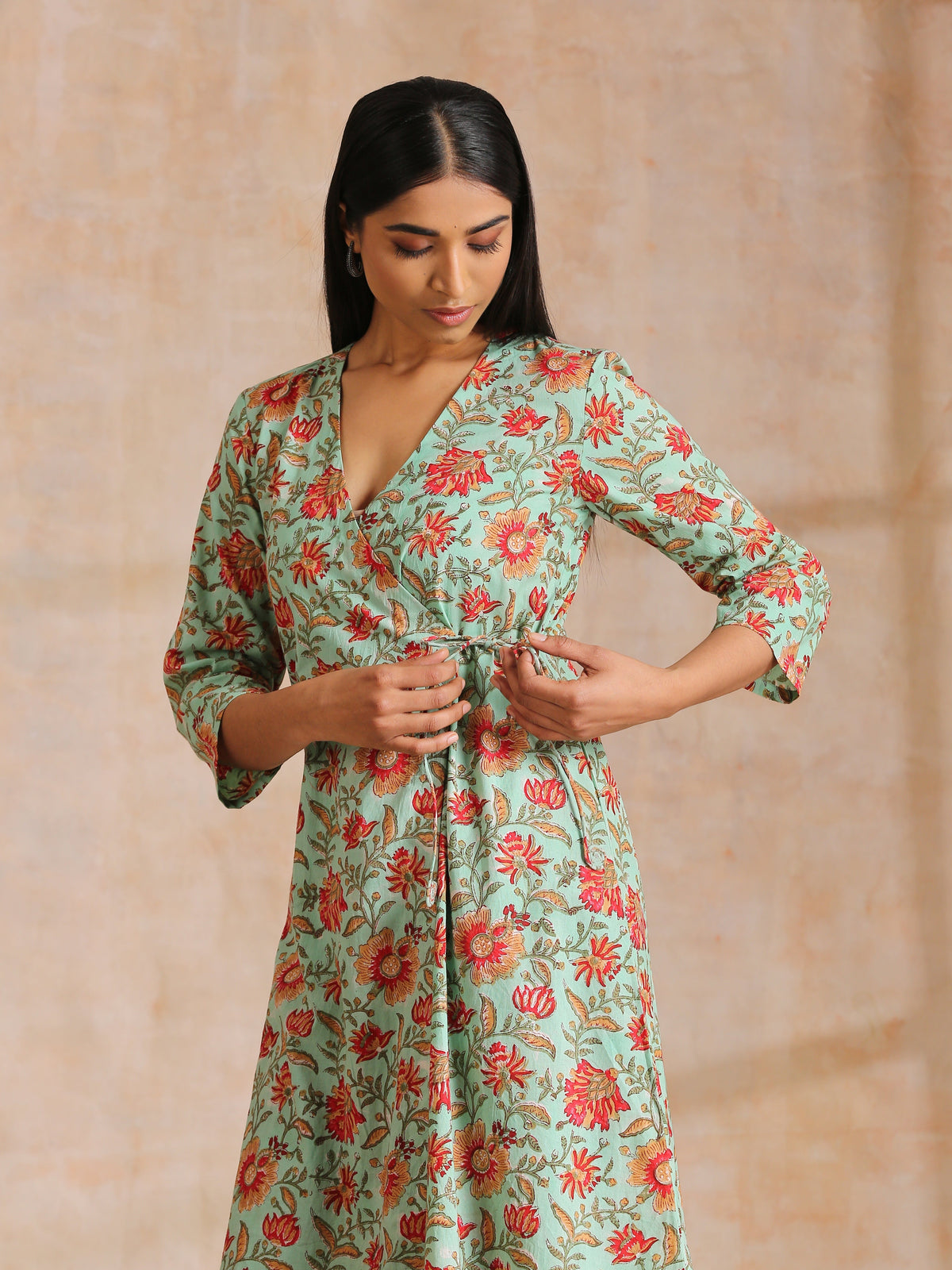 trueBrowns Seafoam Green Overall Floral Block Print Cotton Angrakha Pant Set | Grocsy