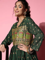 InWeave Women's Bottle Green Gold Border Anarkali Kurta | Grocsy