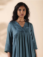trueBrowns Turquoise Viscose Dobby Flared Kurta Pant Set | Grocsy