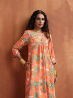 trueBrowns Orange Floral Print A-line Kurta Set | Grocsy