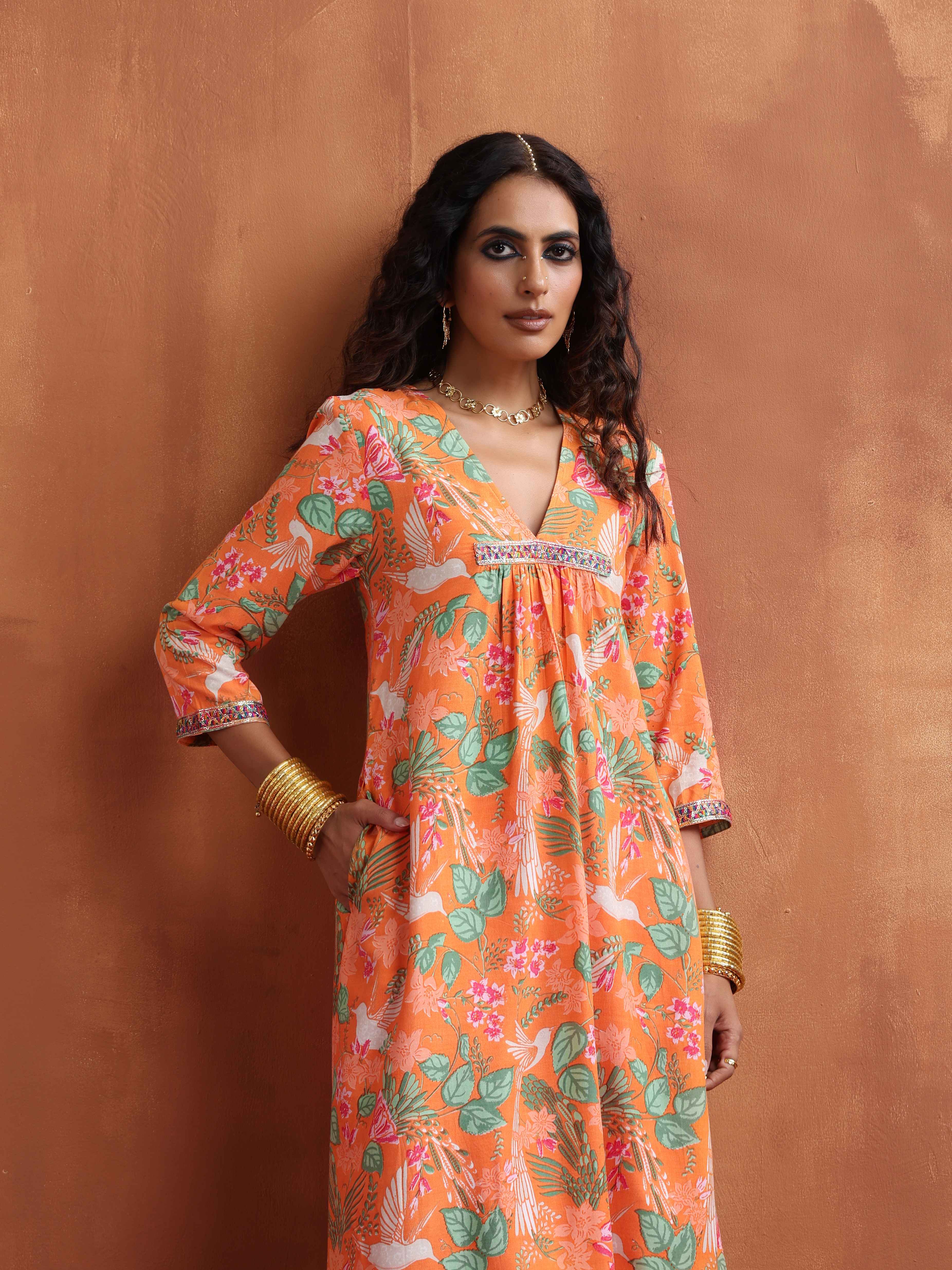 trueBrowns Orange Floral Print A-line Kurta Set | Grocsy