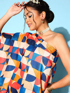 InWeave Women's Multi Geometric Print One Shoulder Top With Palazzo Set | Grocsy