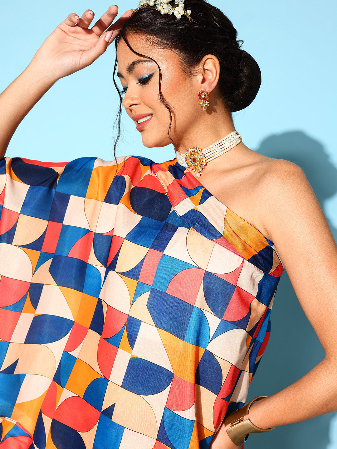 InWeave Women's Multi Geometric Print One Shoulder Top With Palazzo Set | Grocsy