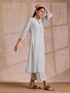 trueBrowns White With Teal Buta Block Print Cotton Front Neck Gathered Kurta Pant Set | Grocsy