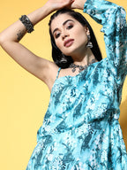 InWeave Women's Sea Blue One Shoulder Rayon Dress | Grocsy