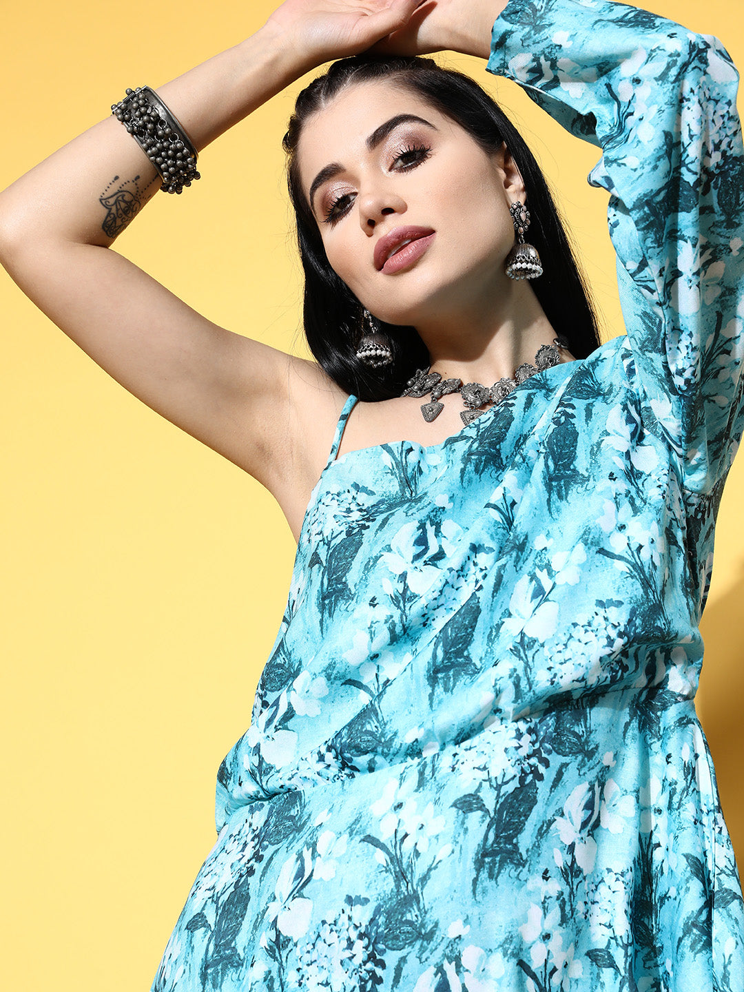 InWeave Women's Sea Blue One Shoulder Rayon Dress | Grocsy