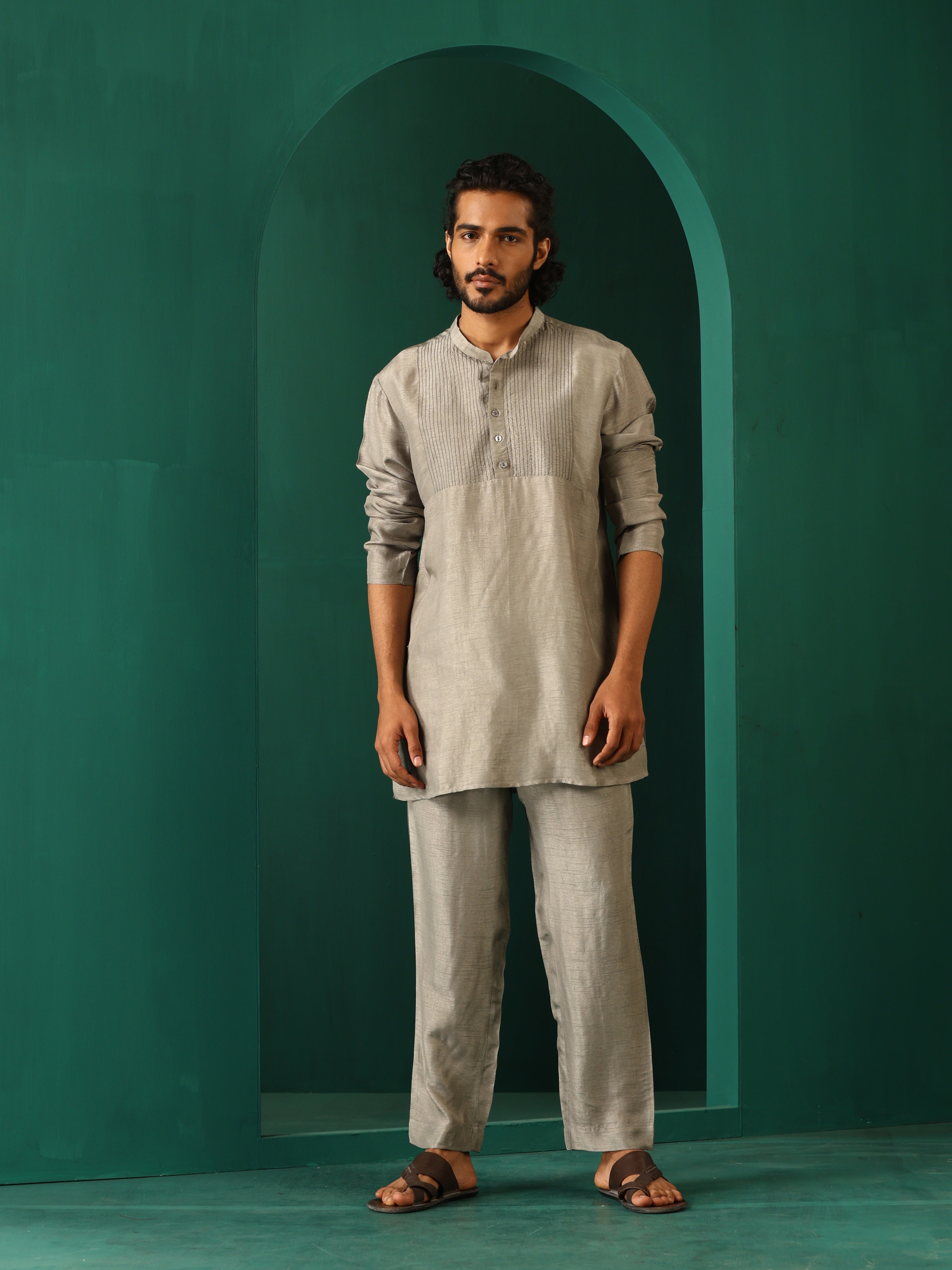 trueBrowns Men's Grey Silk Co-ord Set Yoke Detail | Grocsy