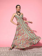 InWeave Women's Green Paisley Print Back Detail Long Dress | Grocsy